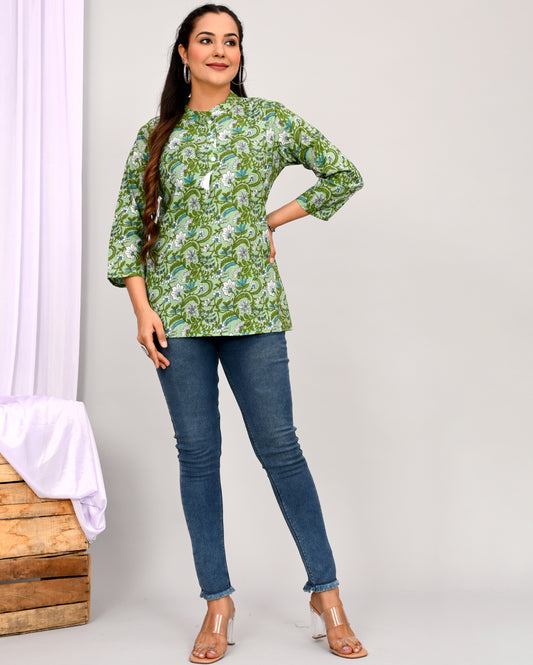 Forest Green Jaal Block Printed Short Kurti/Top