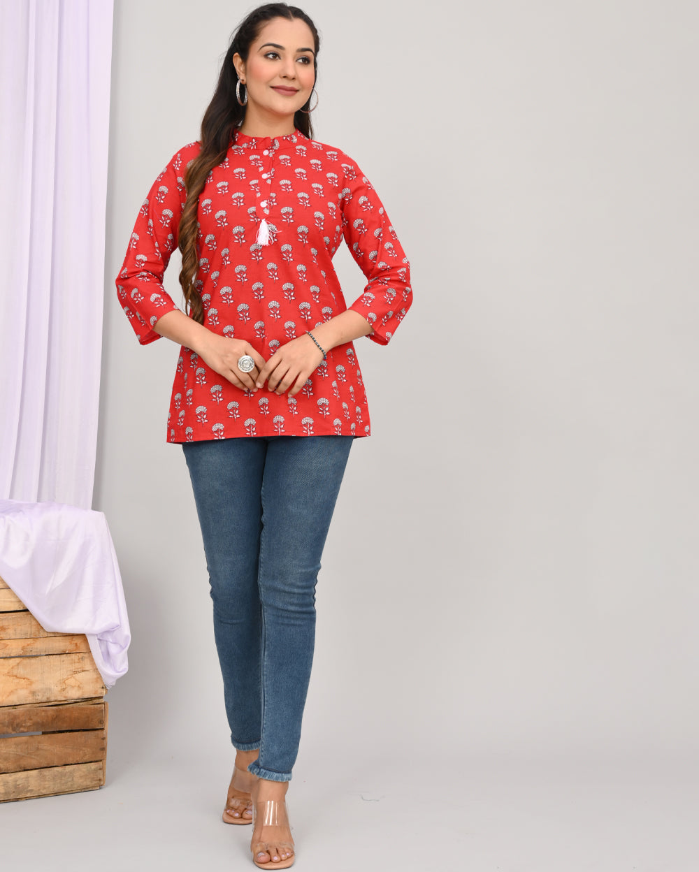 Brick Red Jaal Block Printed Short Kurti/Top