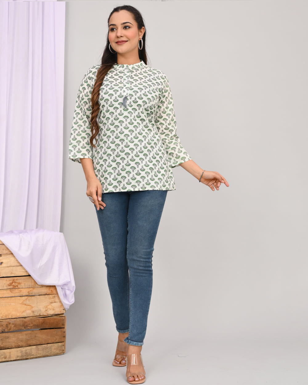 Fern Green Buti Block Printed Short Kurti/Top