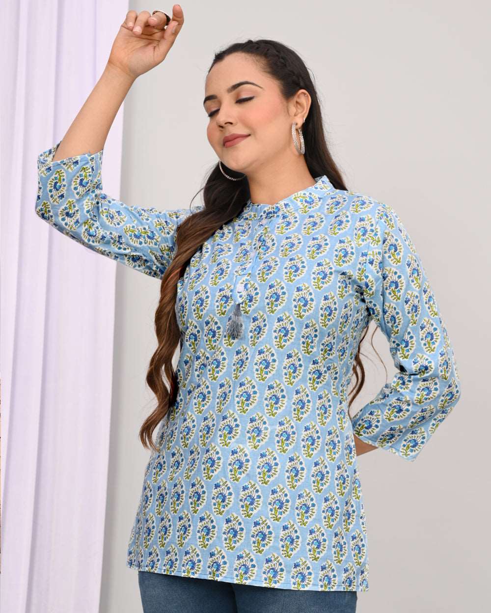 Cool Blue Buti Block Printed Short Kurti/Top