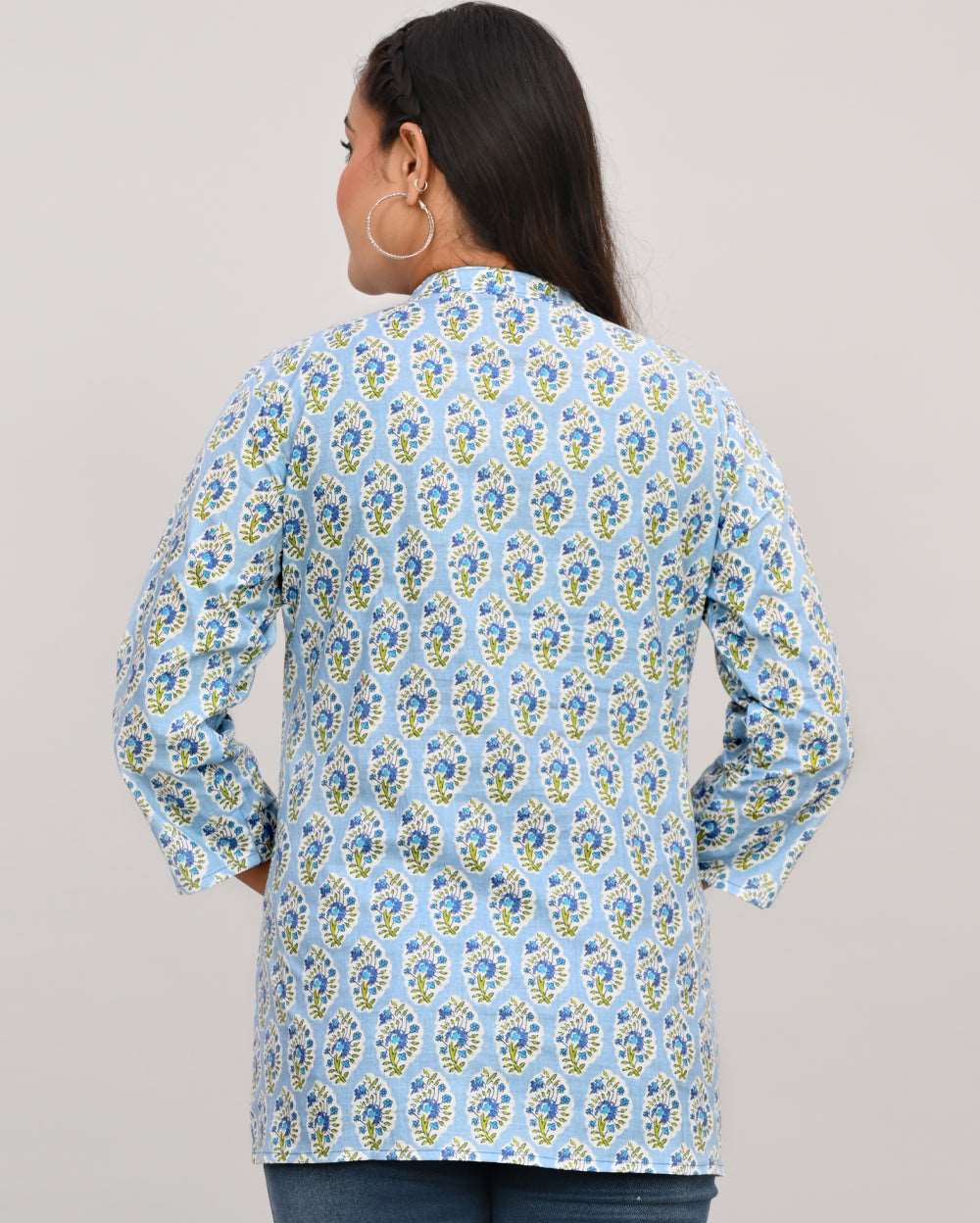 Cool Blue Buti Block Printed Short Kurti/Top