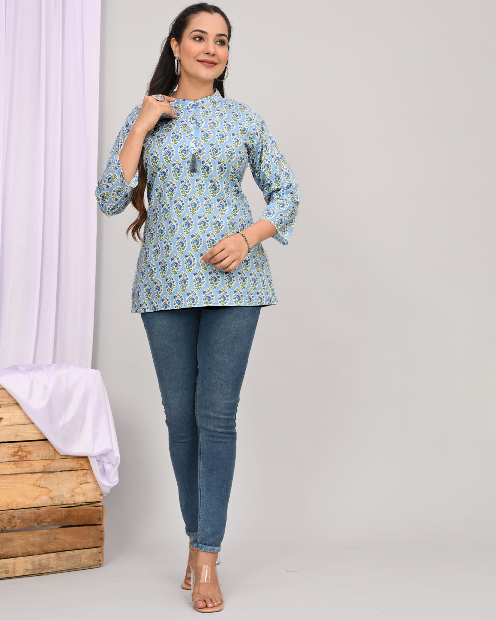 Cool Blue Buti Block Printed Short Kurti/Top