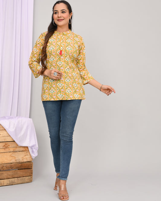 Mustard Yellow Jaal Block Printed Short Kurti/Top