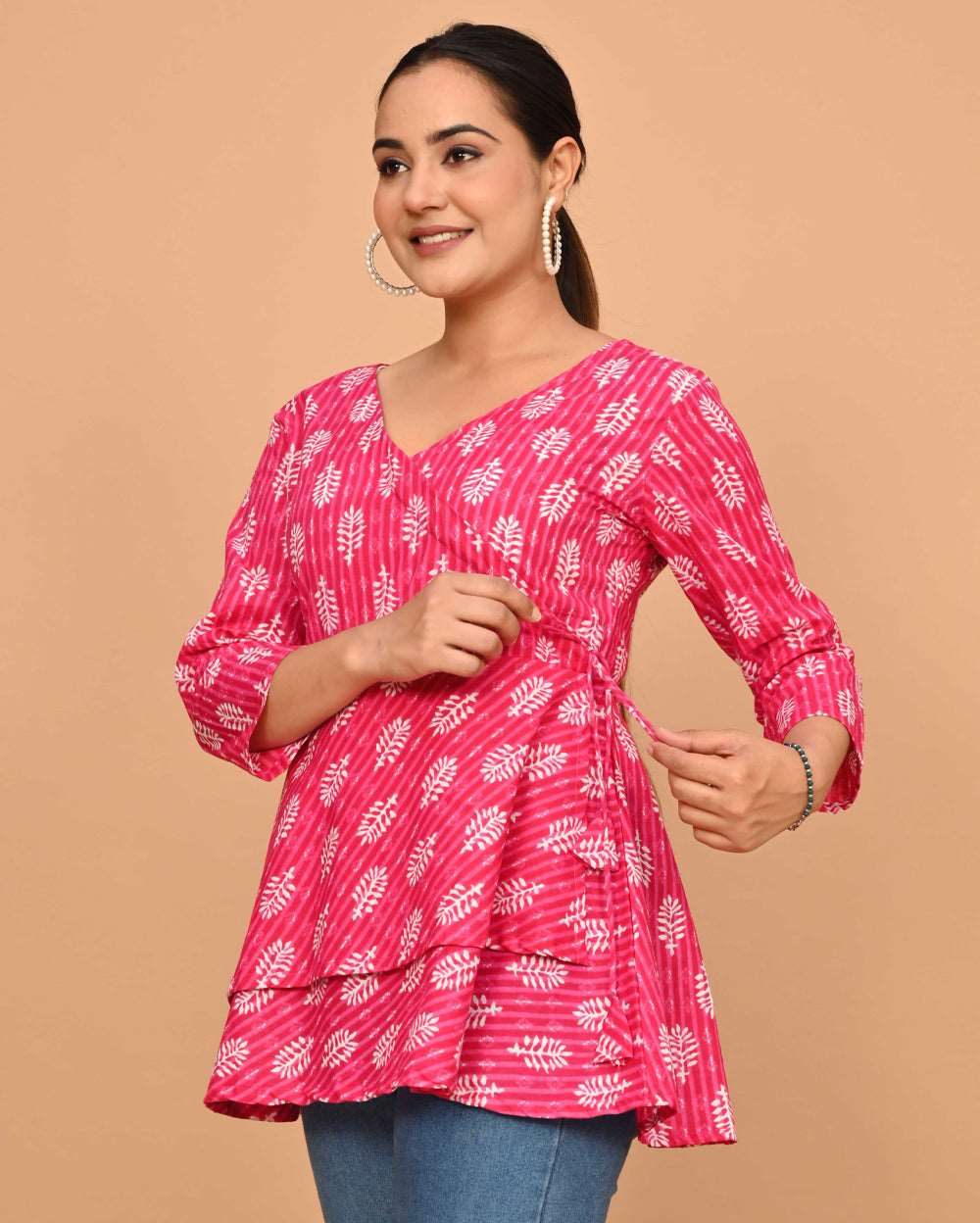Pink Buti Block Printed Angrakha Style Short Kurti