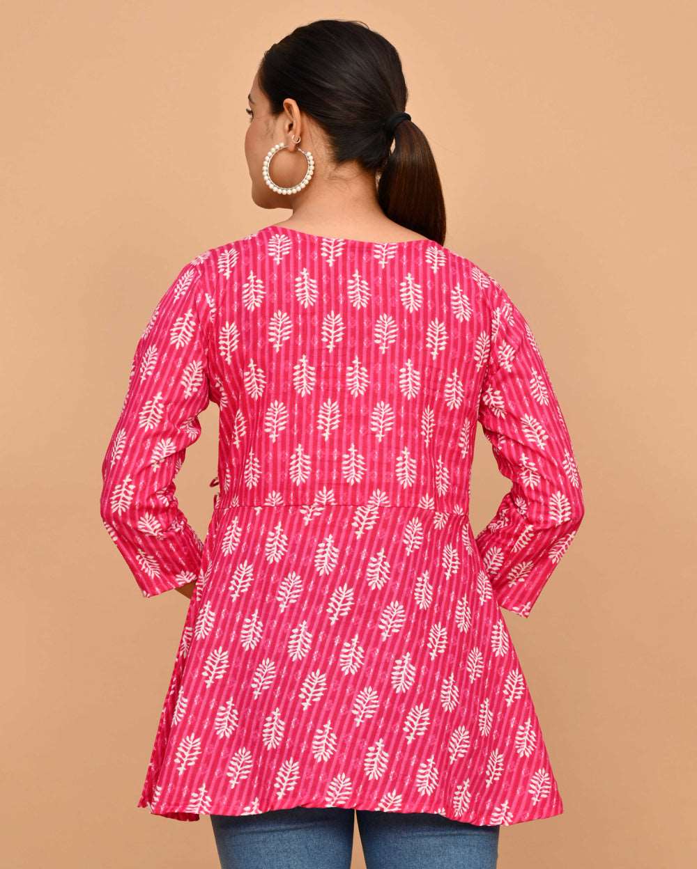 Pink Buti Block Printed Angrakha Style Short Kurti