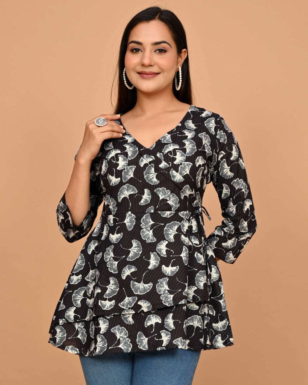 Black Tulip Floral Block Printed Angrakha Style Short Kurti – Fabru