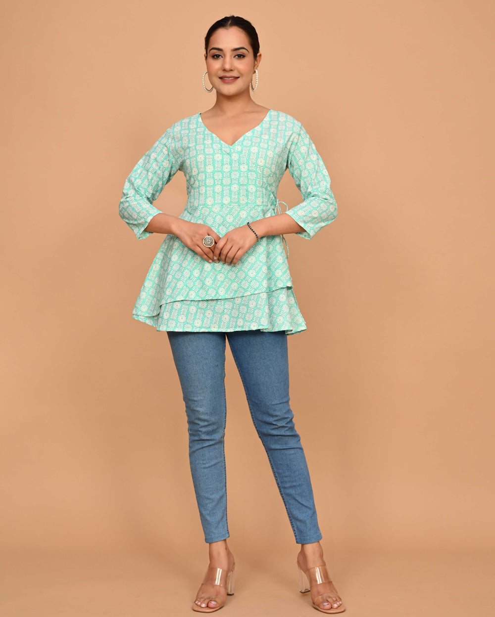 Phool Buti Block Printed Angrakha Style Short Kurti