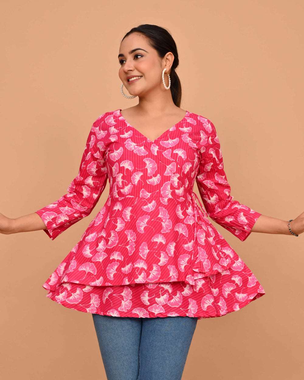 Pink Tulip Floral Block Printed Angrakha Style Short Kurti