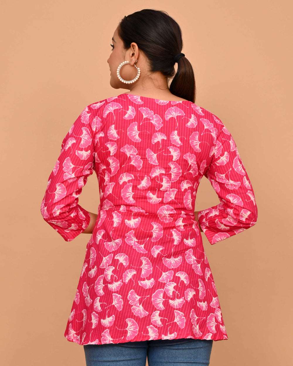 Pink Tulip Floral Block Printed Angrakha Style Short Kurti