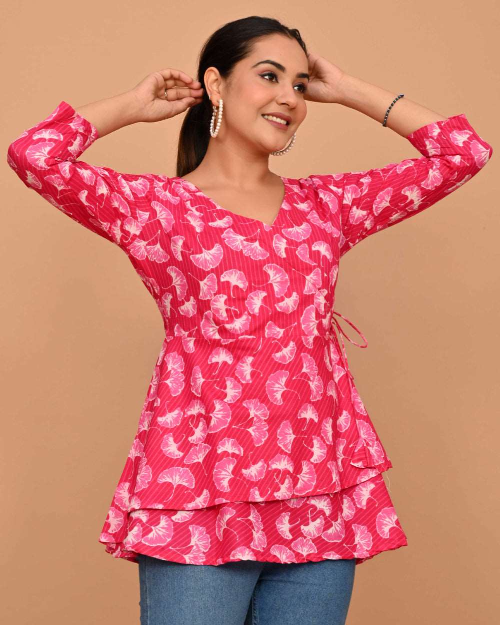 Pink Tulip Floral Block Printed Angrakha Style Short Kurti