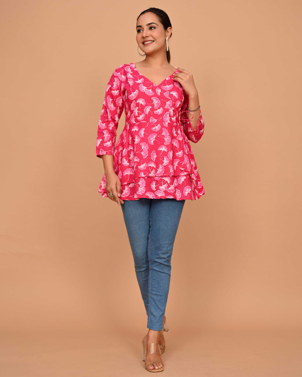 Pink Tulip Floral Block Printed Angrakha Style Short Kurti