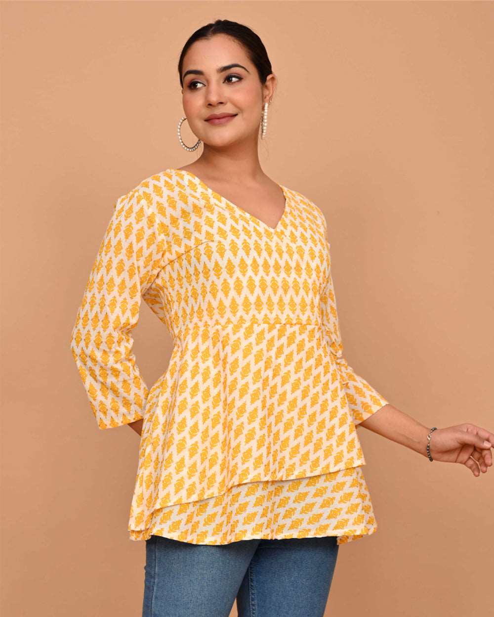 Yellow Buti Block Printed Angrakha Style Short Kurti