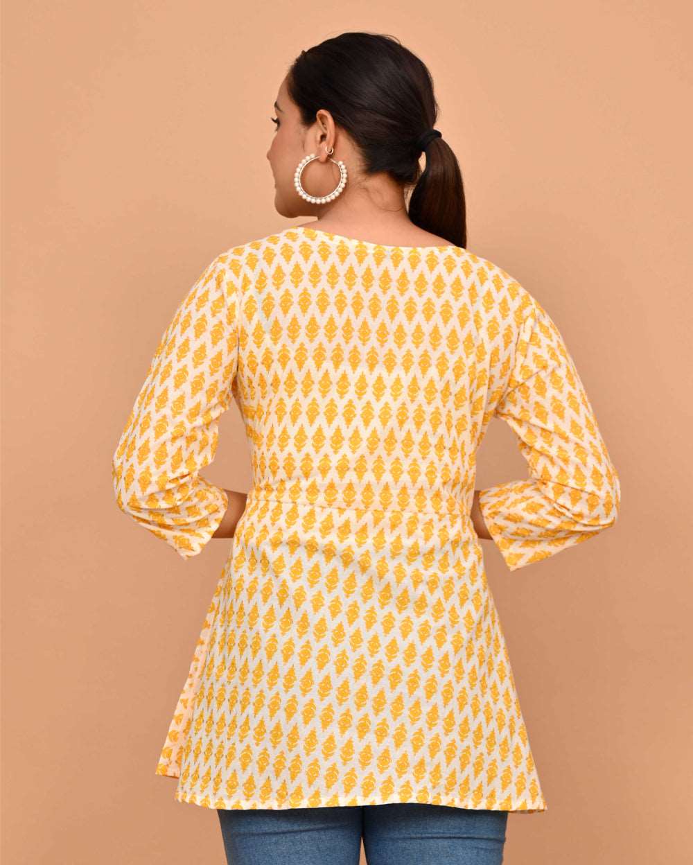 Yellow Buti Block Printed Angrakha Style Short Kurti