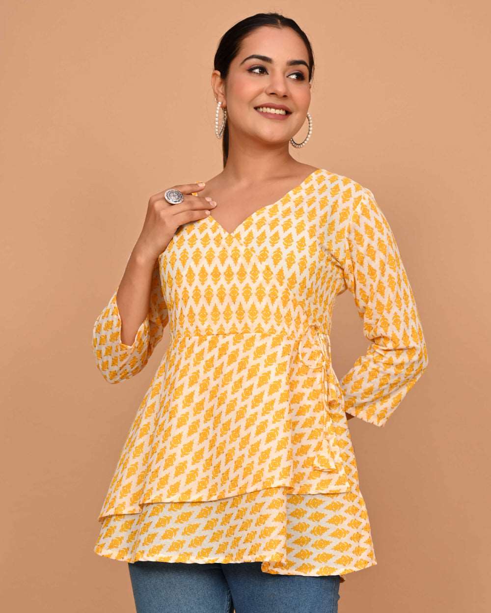 Yellow Buti Block Printed Angrakha Style Short Kurti