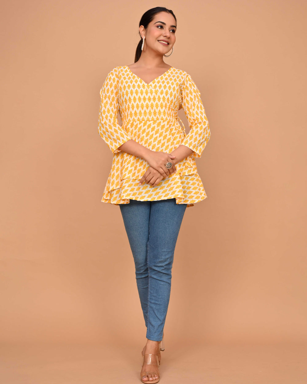 Yellow Buti Block Printed Angrakha Style Short Kurti