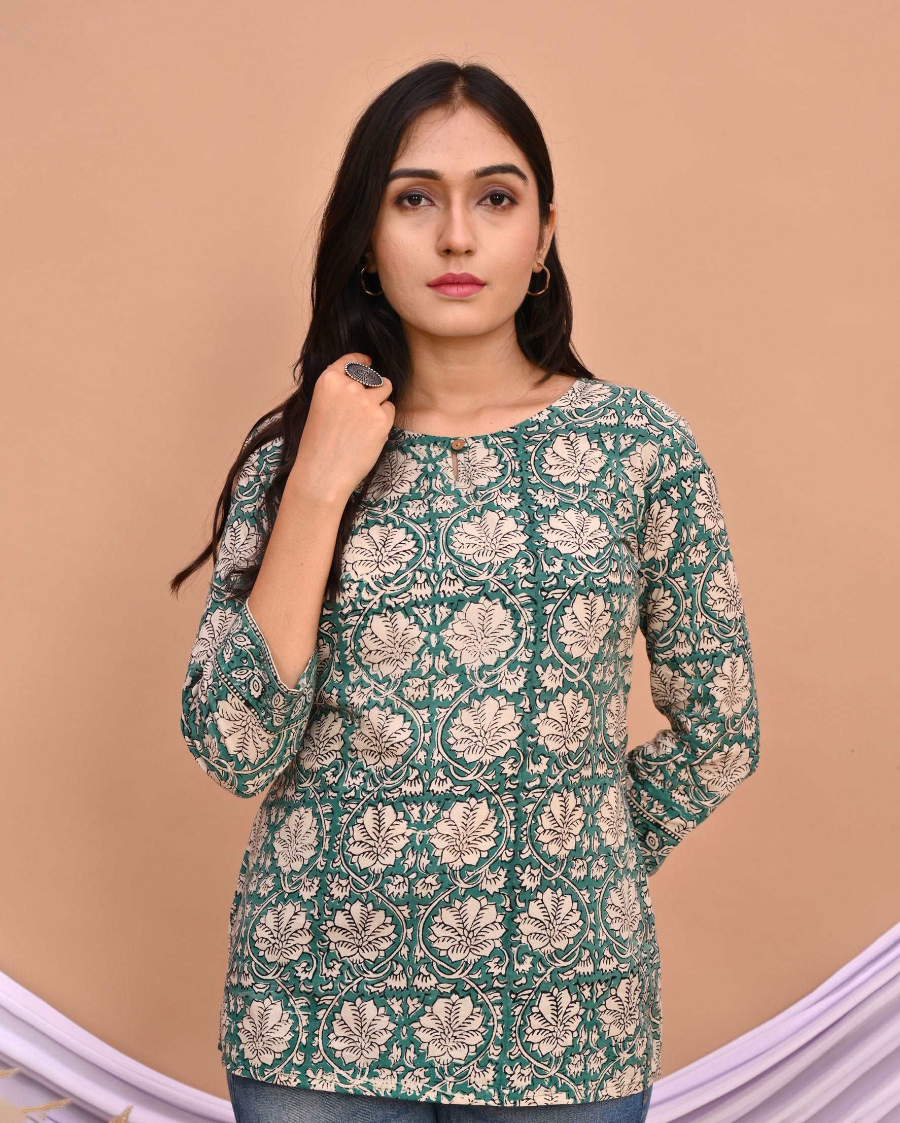 Light Green Jaal Bagru Hand Block Printed Short Kurti/Top