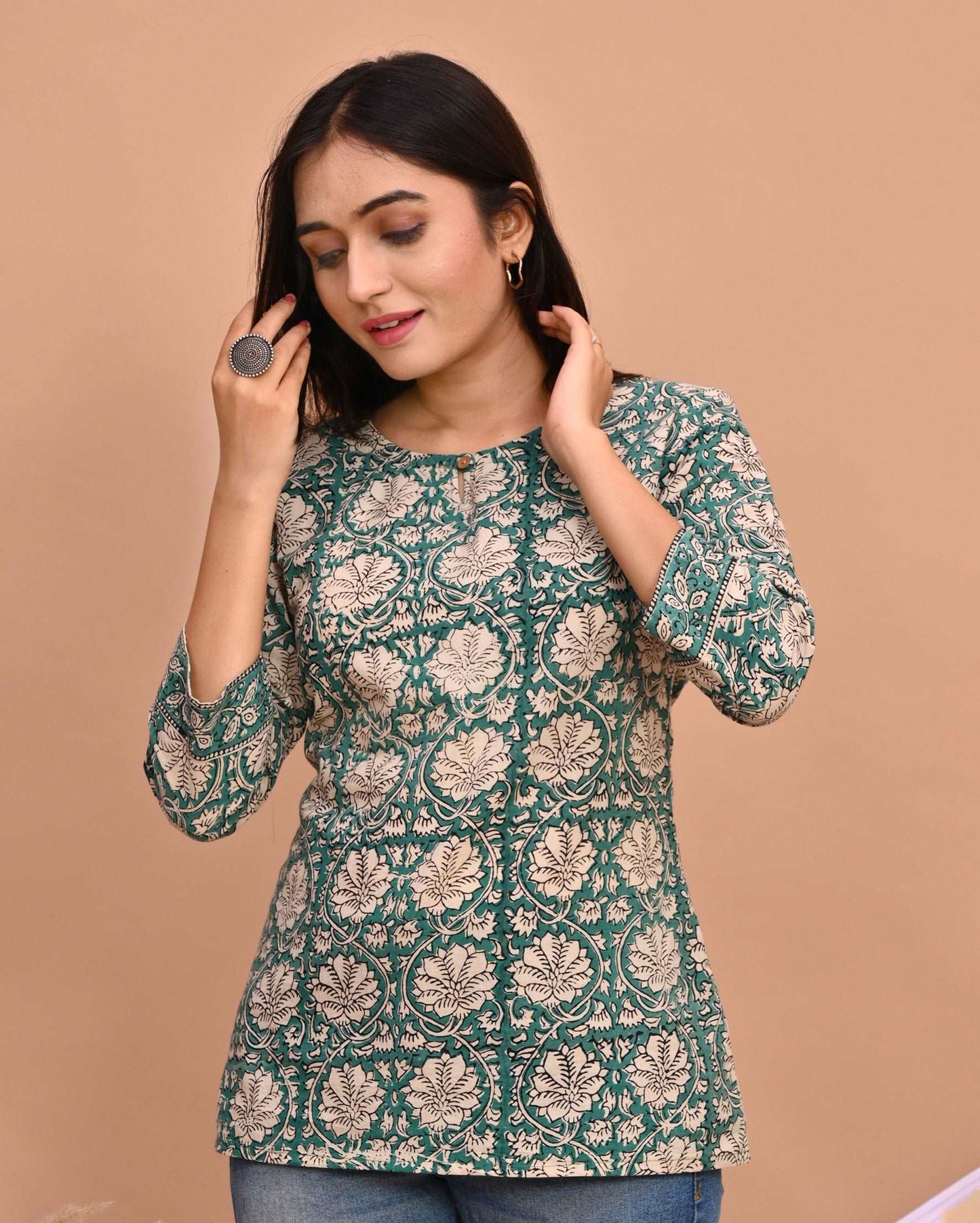 Light Green Jaal Bagru Hand Block Printed Short Kurti/Top