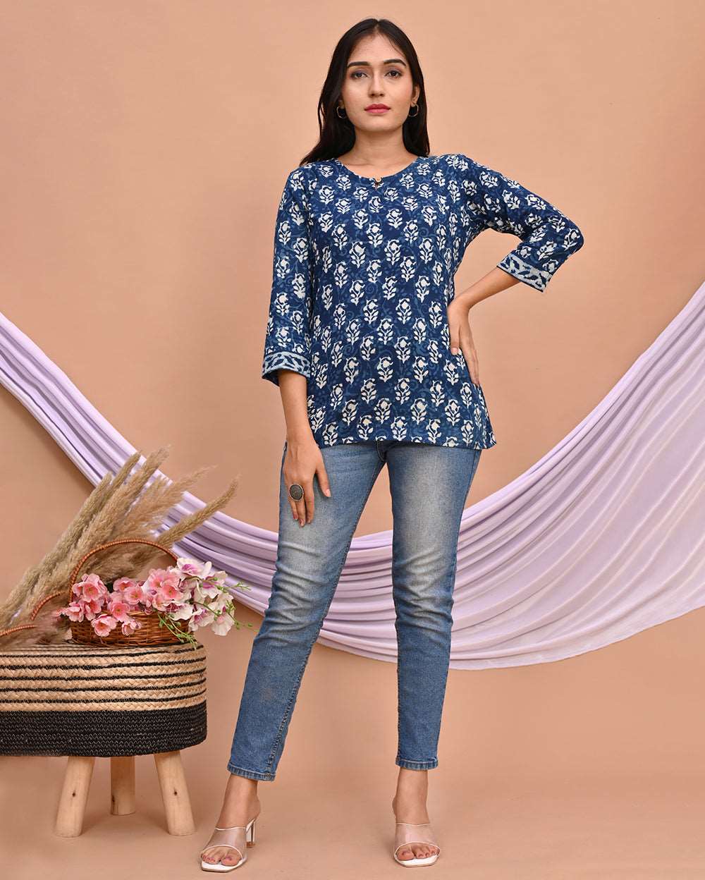 Indigo Blue Paisley Bagru Hand Block Printed Short Kurti/Top