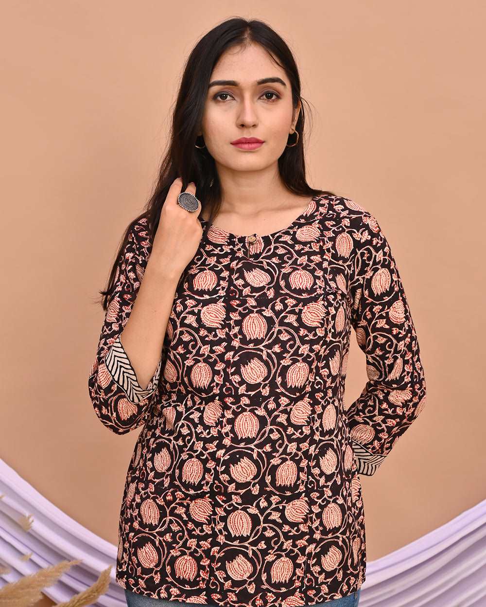 Black and Red Bagru Hand Block Printed Short Kurti/Top