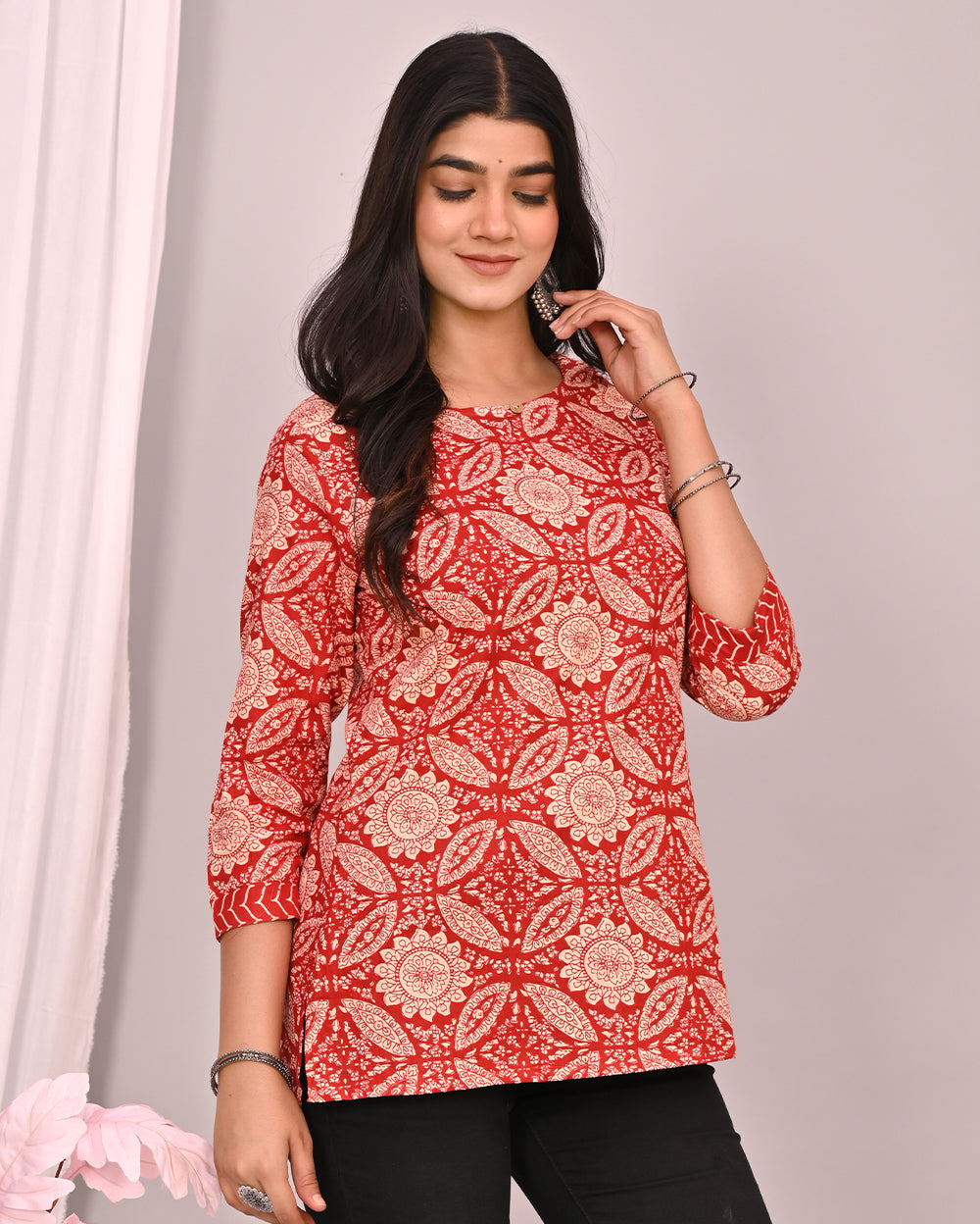 Red Mandala Block Printed Short Kurti/Top