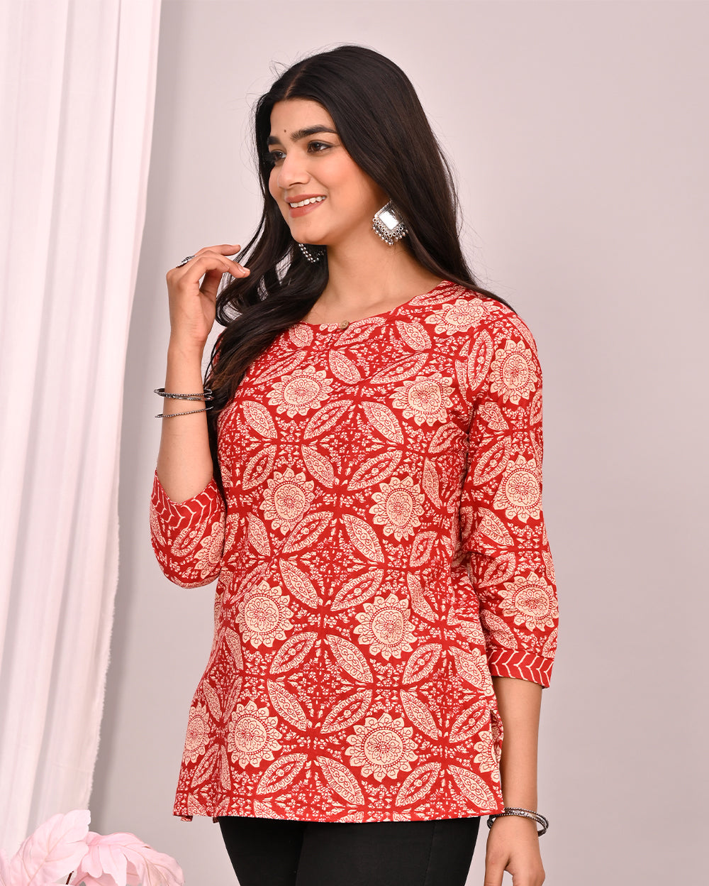 Red Mandala Block Printed Short Kurti/Top