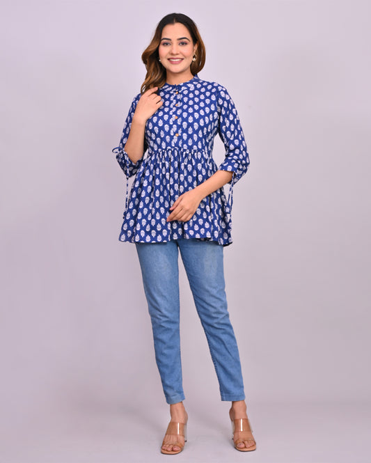 Blue Paisley Printed Frill-Style Cotton Top