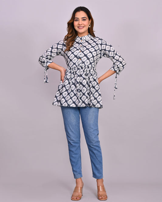 B&W Printed Frill-Style Cotton Top