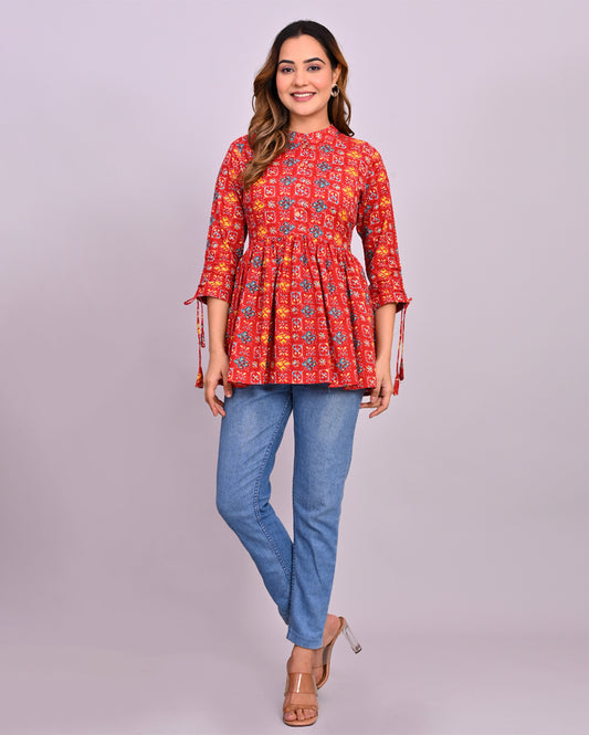 Red Printed Frill-Style Cotton Top