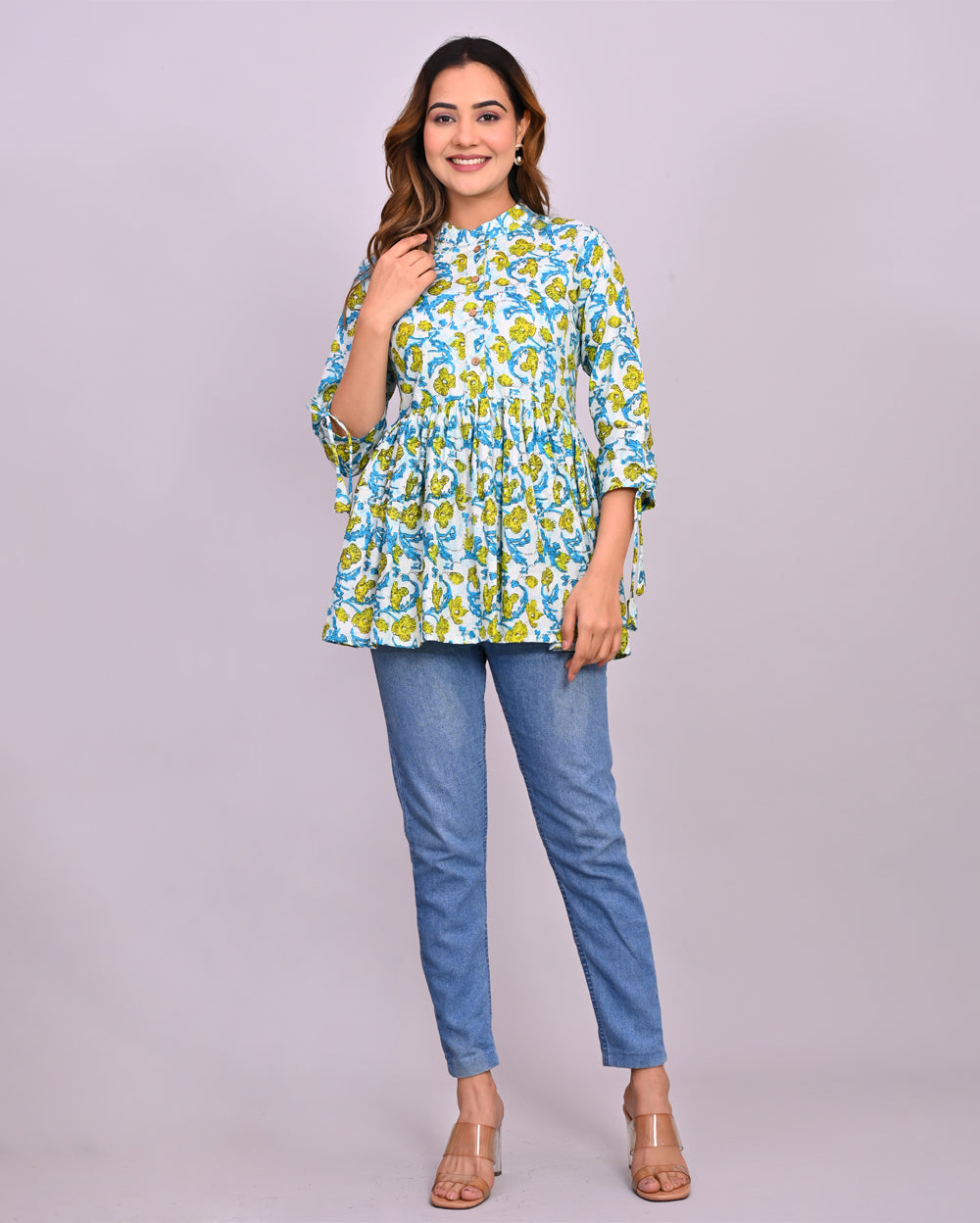 White Blue Printed Frill-Style Cotton Top