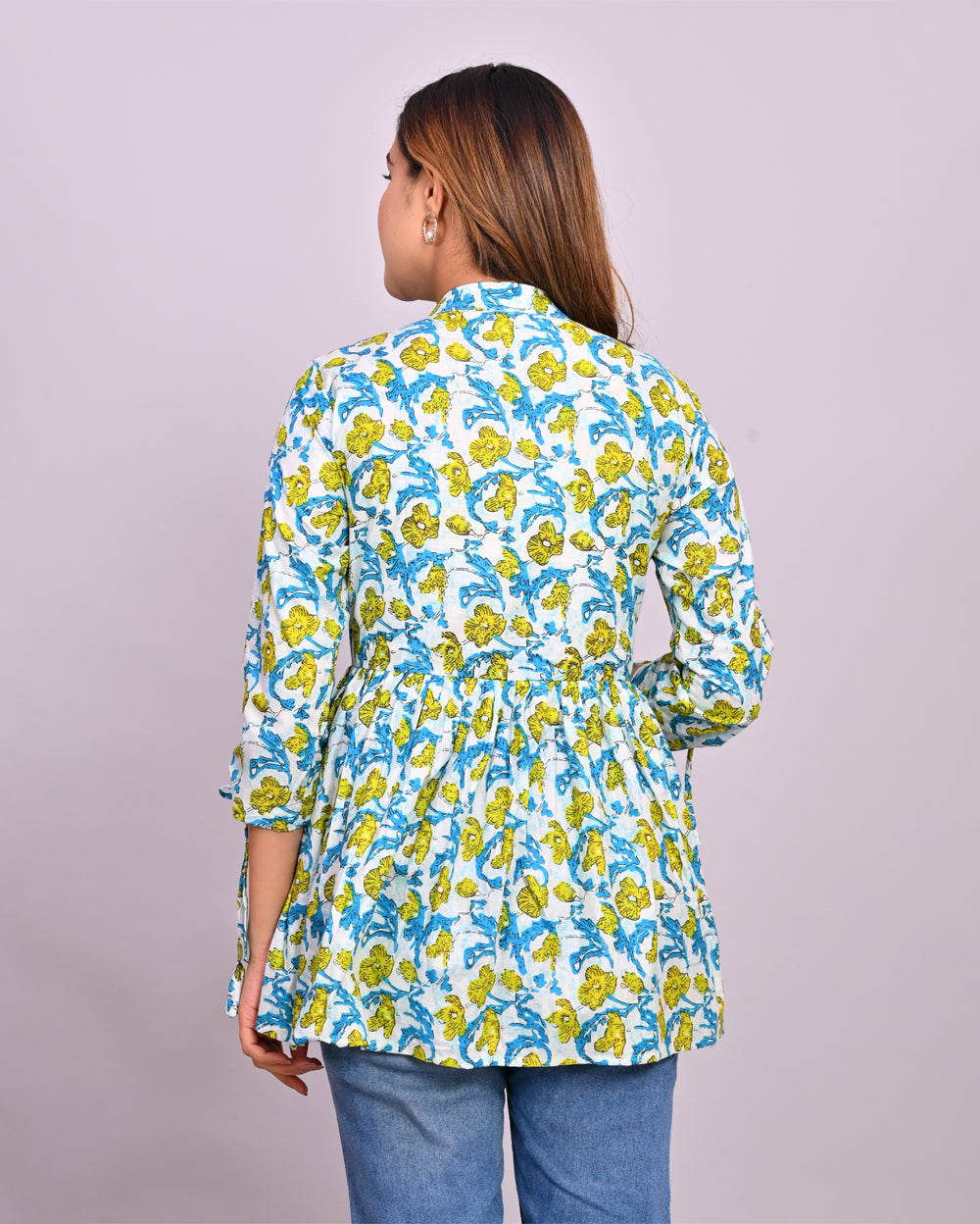 White Blue Printed Frill-Style Cotton Top