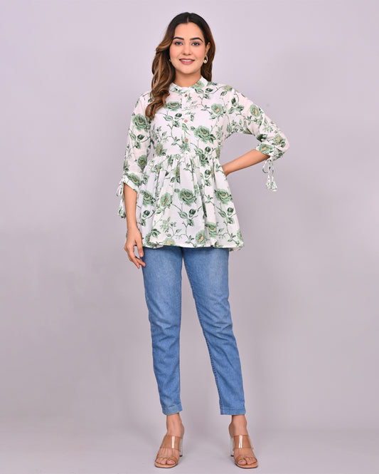 White Printed Frill-Style Cotton Top