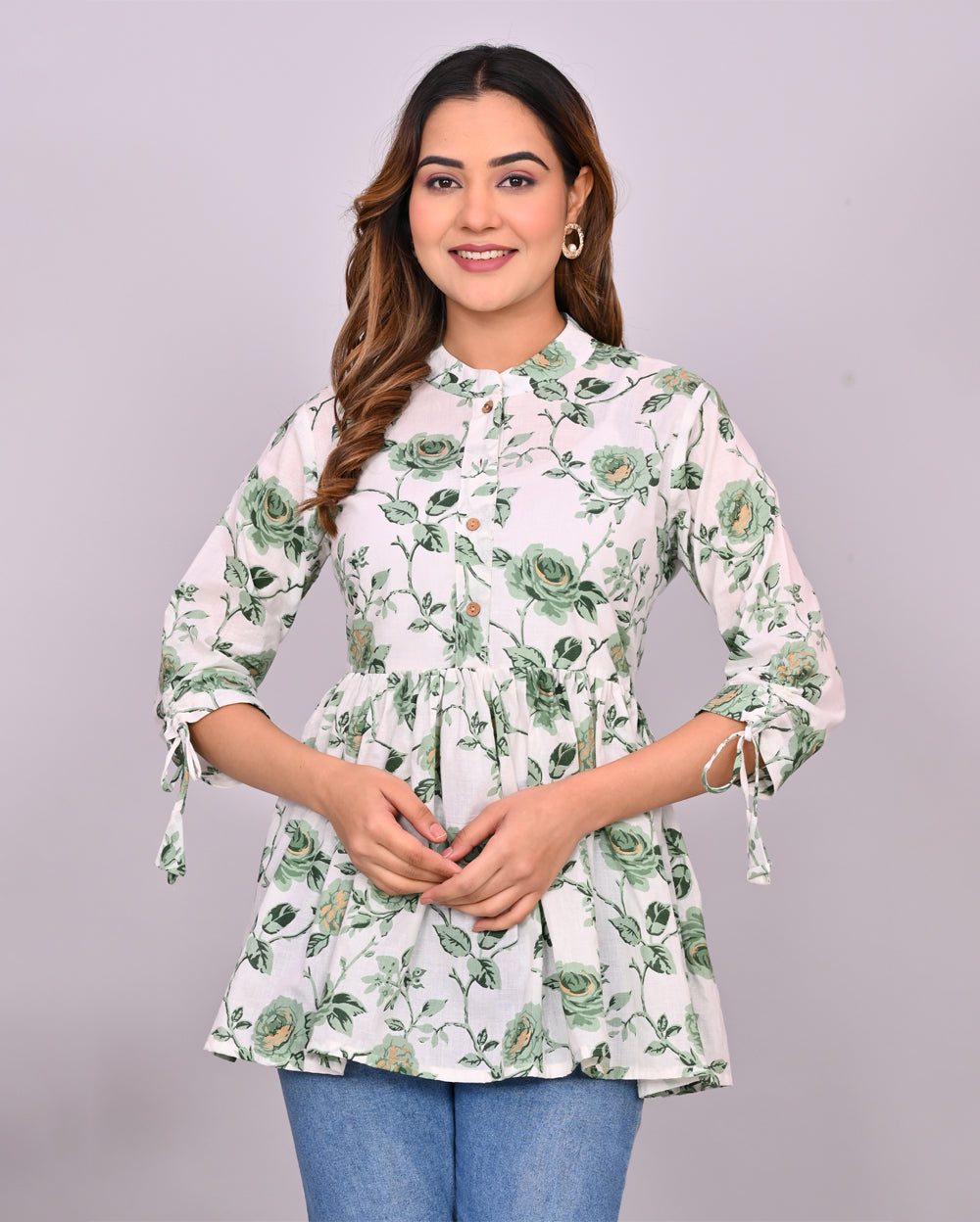 White Printed Frill-Style Cotton Top