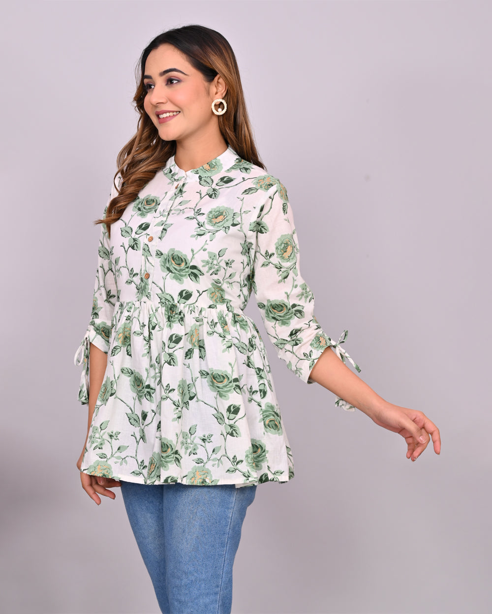 White Printed Frill-Style Cotton Top