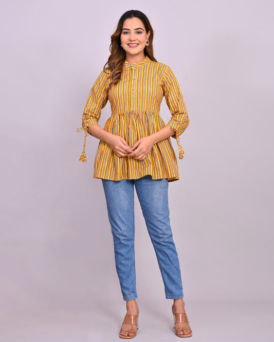 Green Line Printed Frill-Style Cotton Top