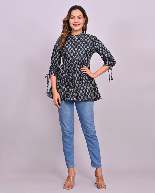 Black Paisley Printed Frill-Style Cotton Top