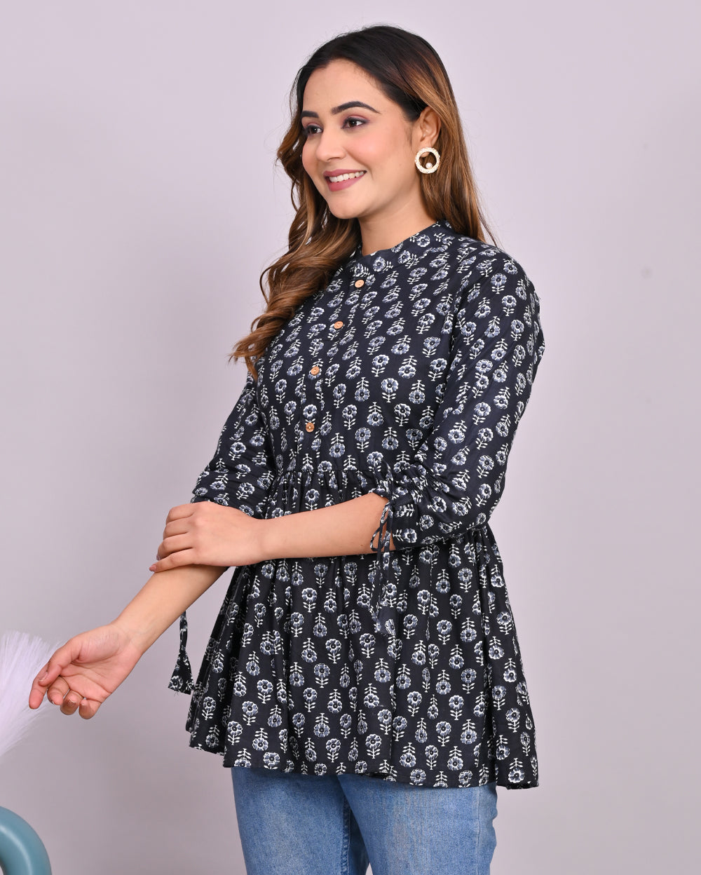 Black Paisley Printed Frill-Style Cotton Top