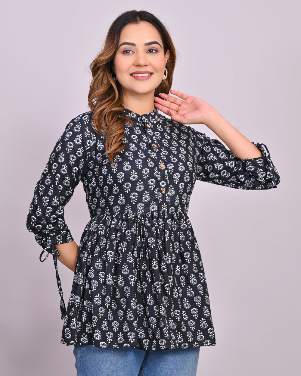 Black Paisley Printed Frill-Style Cotton Top