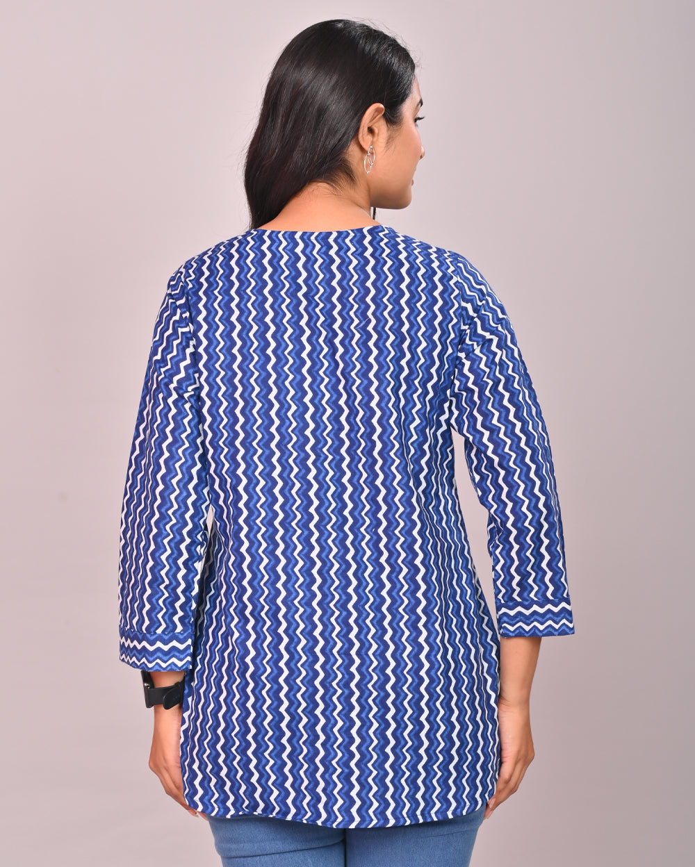 Blue Zig Zag Cotton Block Printed Tops