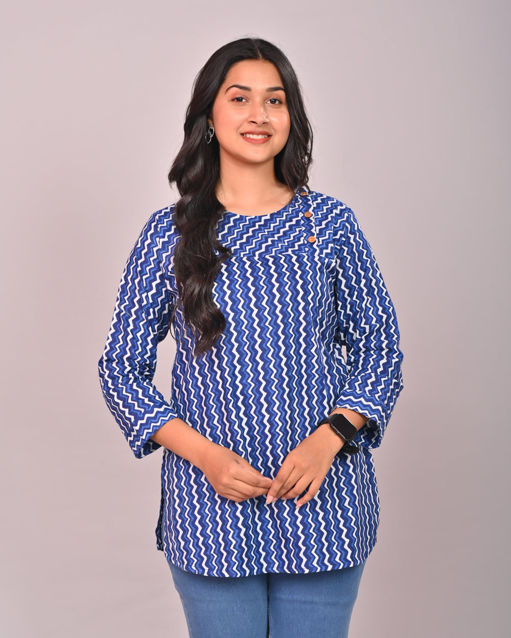 Blue Zig Zag Cotton Block Printed Tops