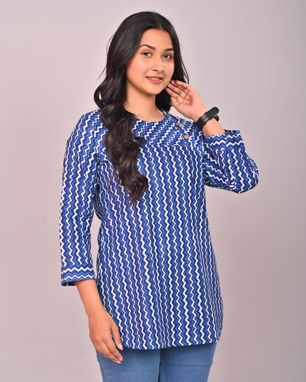 Blue Zig Zag Cotton Block Printed Tops