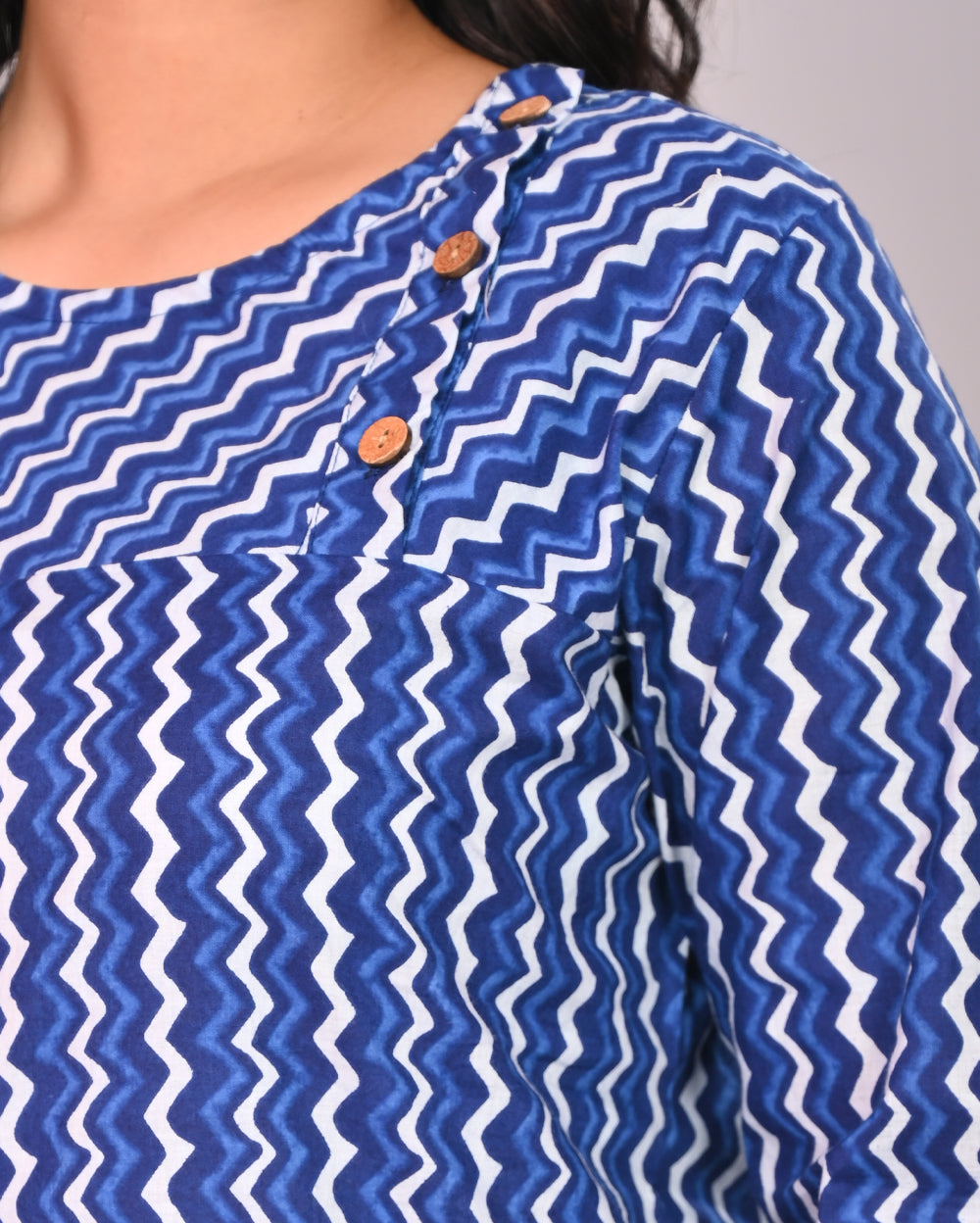 Blue Zig Zag Cotton Block Printed Tops