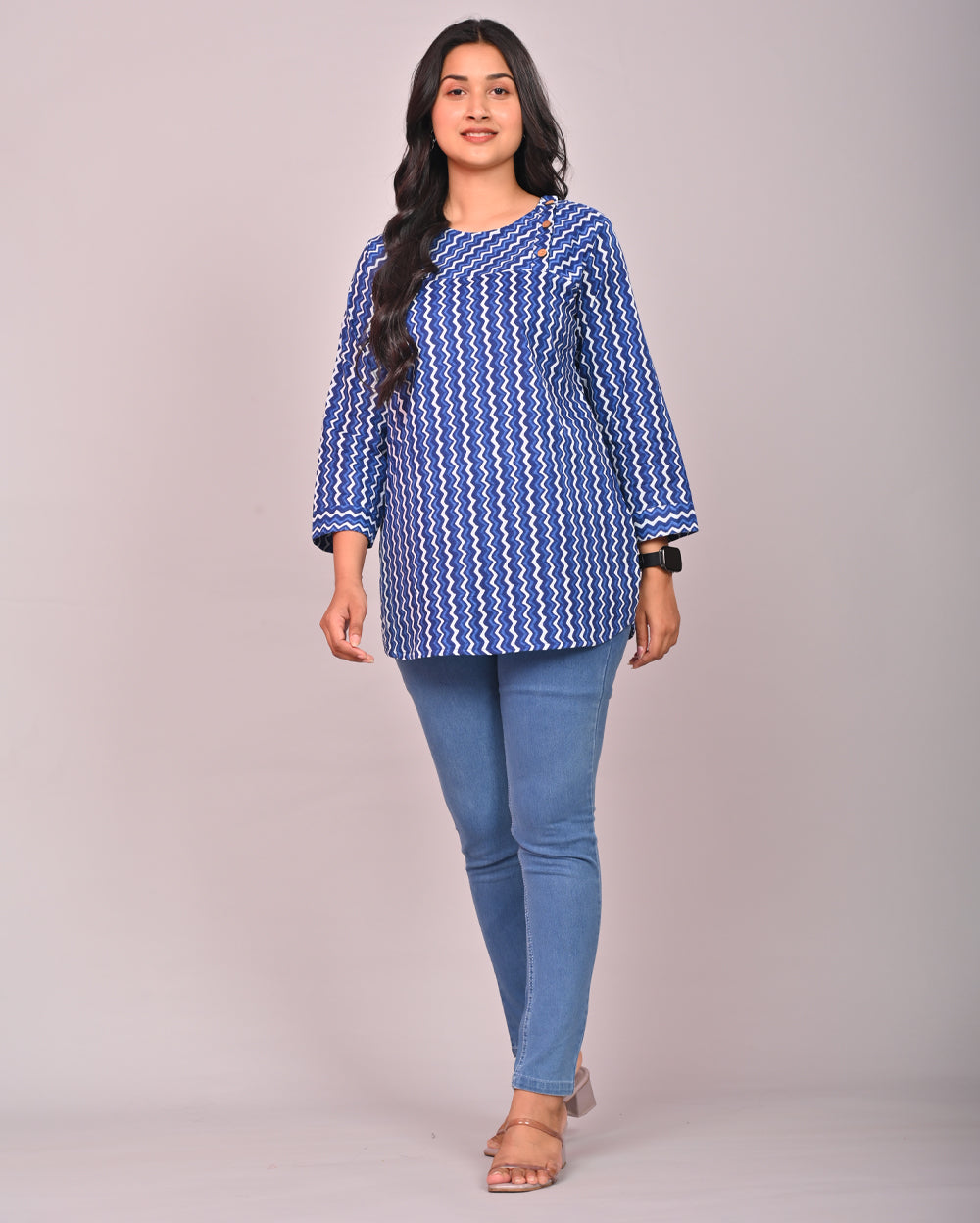 Blue Zig Zag Cotton Block Printed Tops