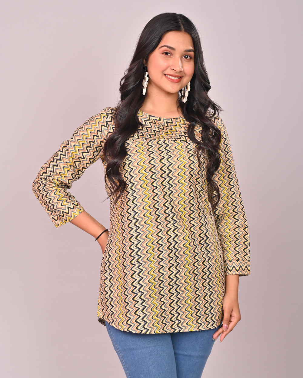 Green Zig Zag Cotton Printed Tops