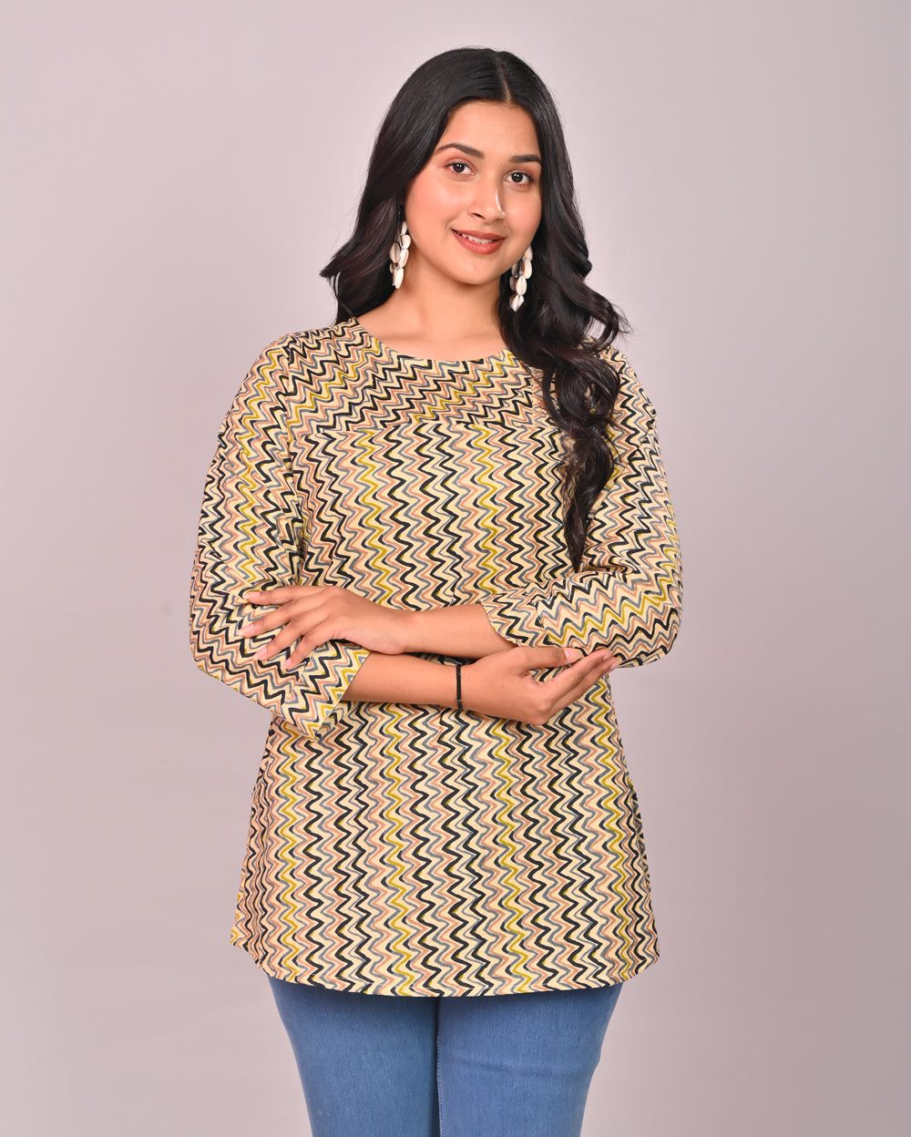 Green Zig Zag Cotton Printed Tops