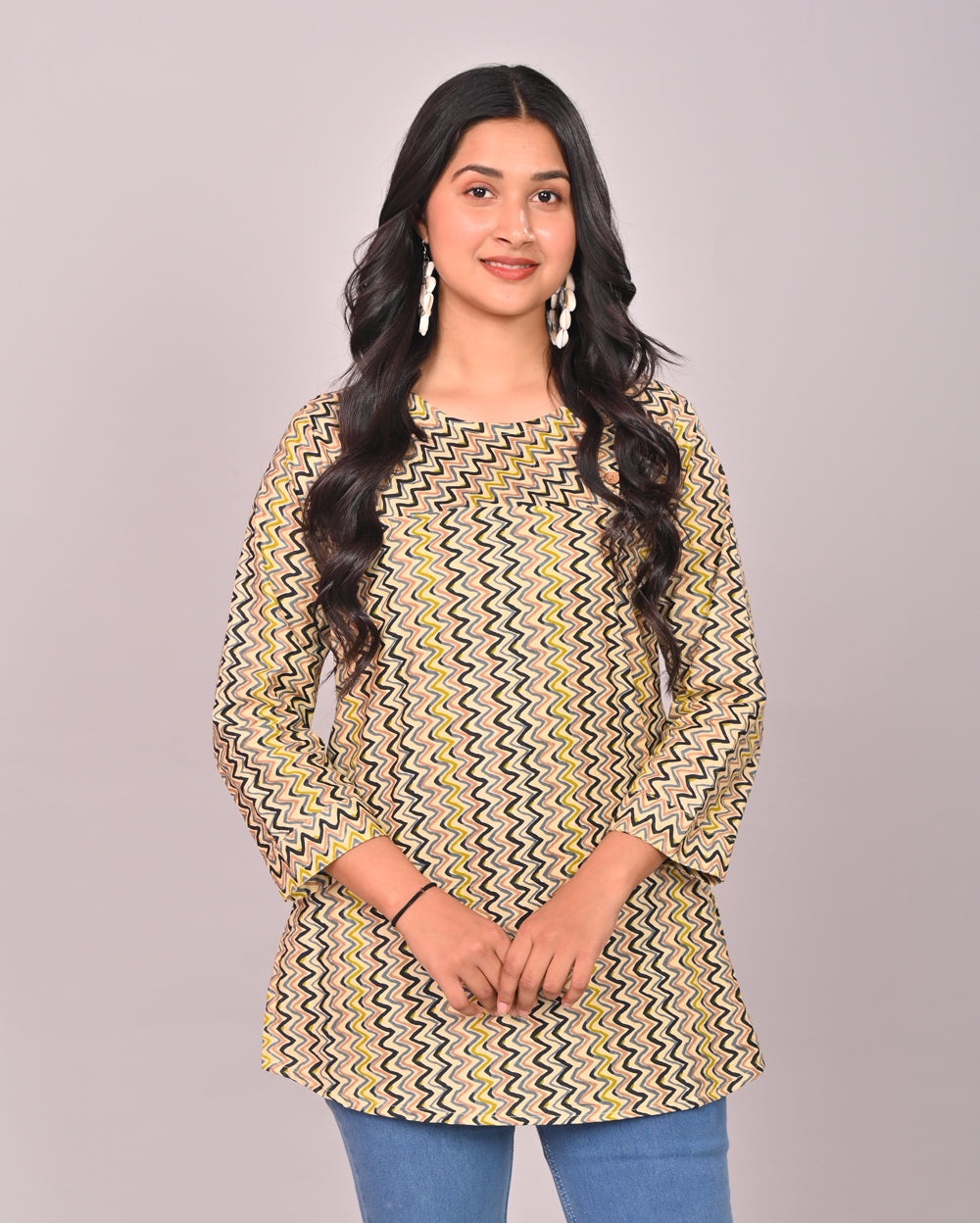 Green Zig Zag Cotton Printed Tops