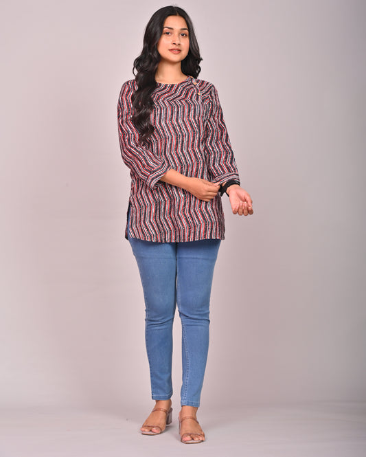 Black Red Line Printed Cotton Short Top