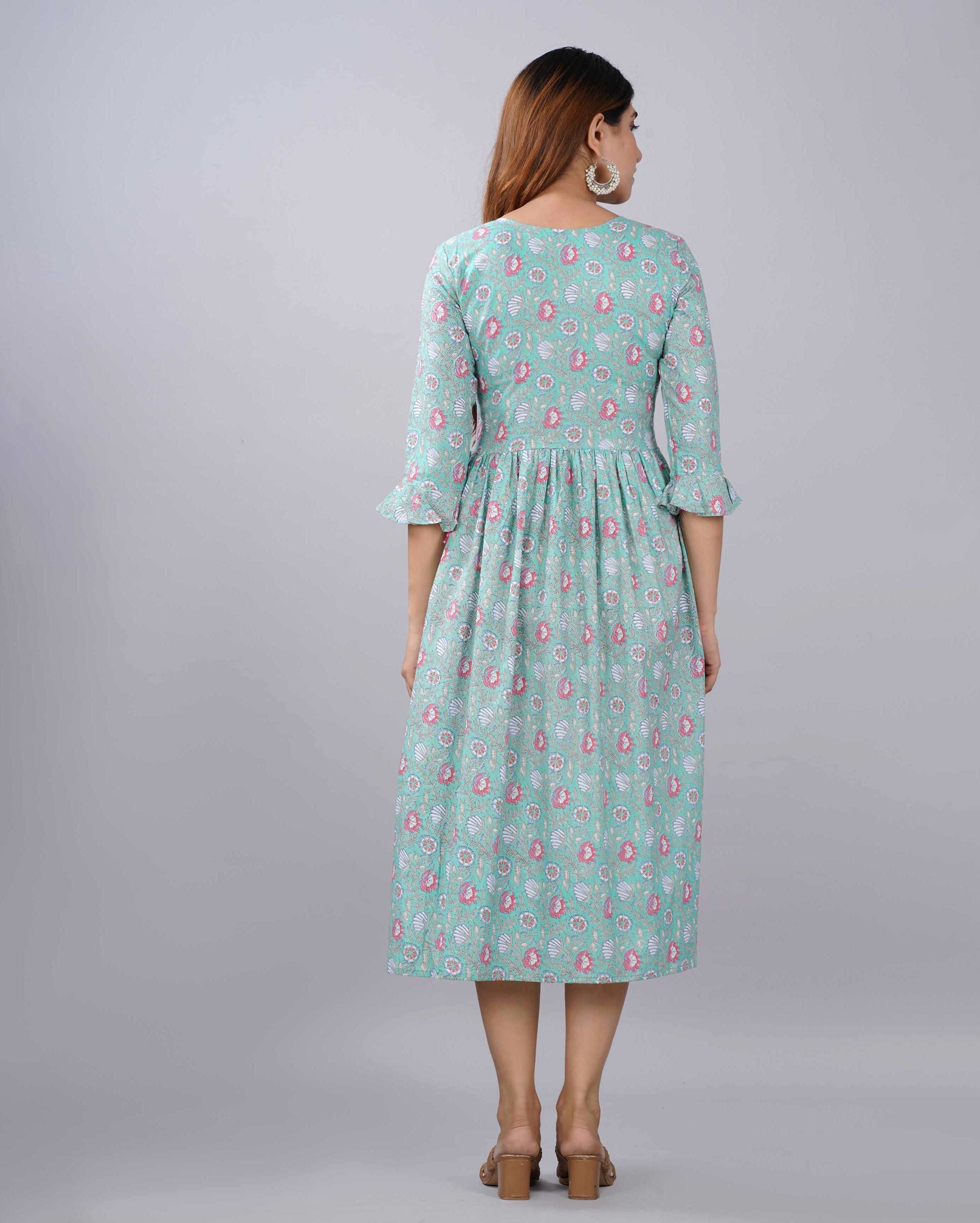 Pistachio Floral Jaal Hand block Printed Cotton Dress