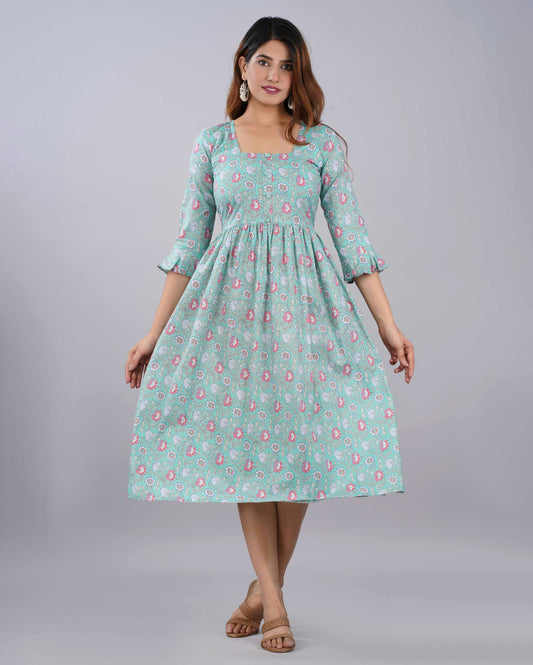 Pistachio Floral Jaal Hand block Printed Cotton Dress