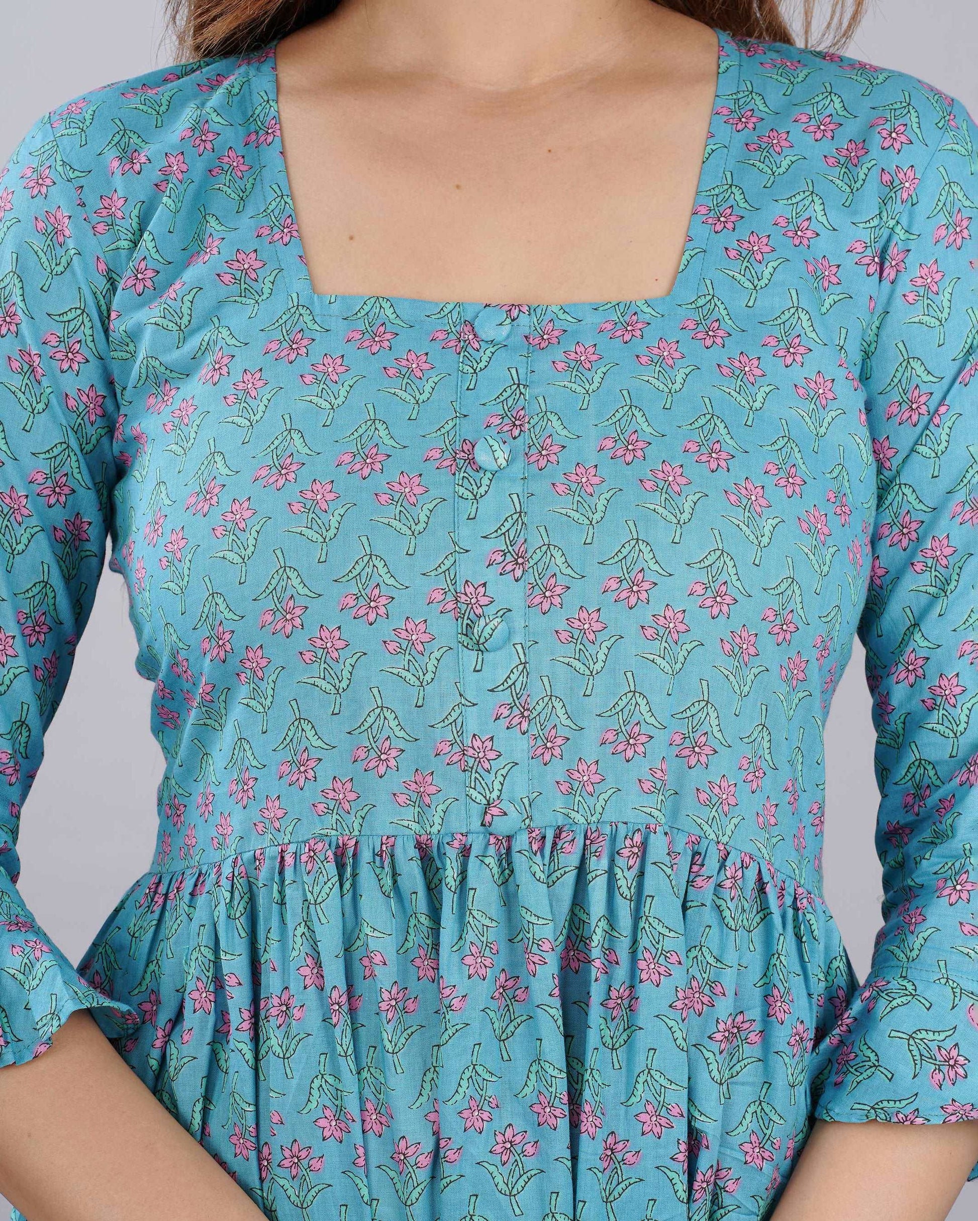 Sky Blue Floral Hand block Printed Cotton Dress