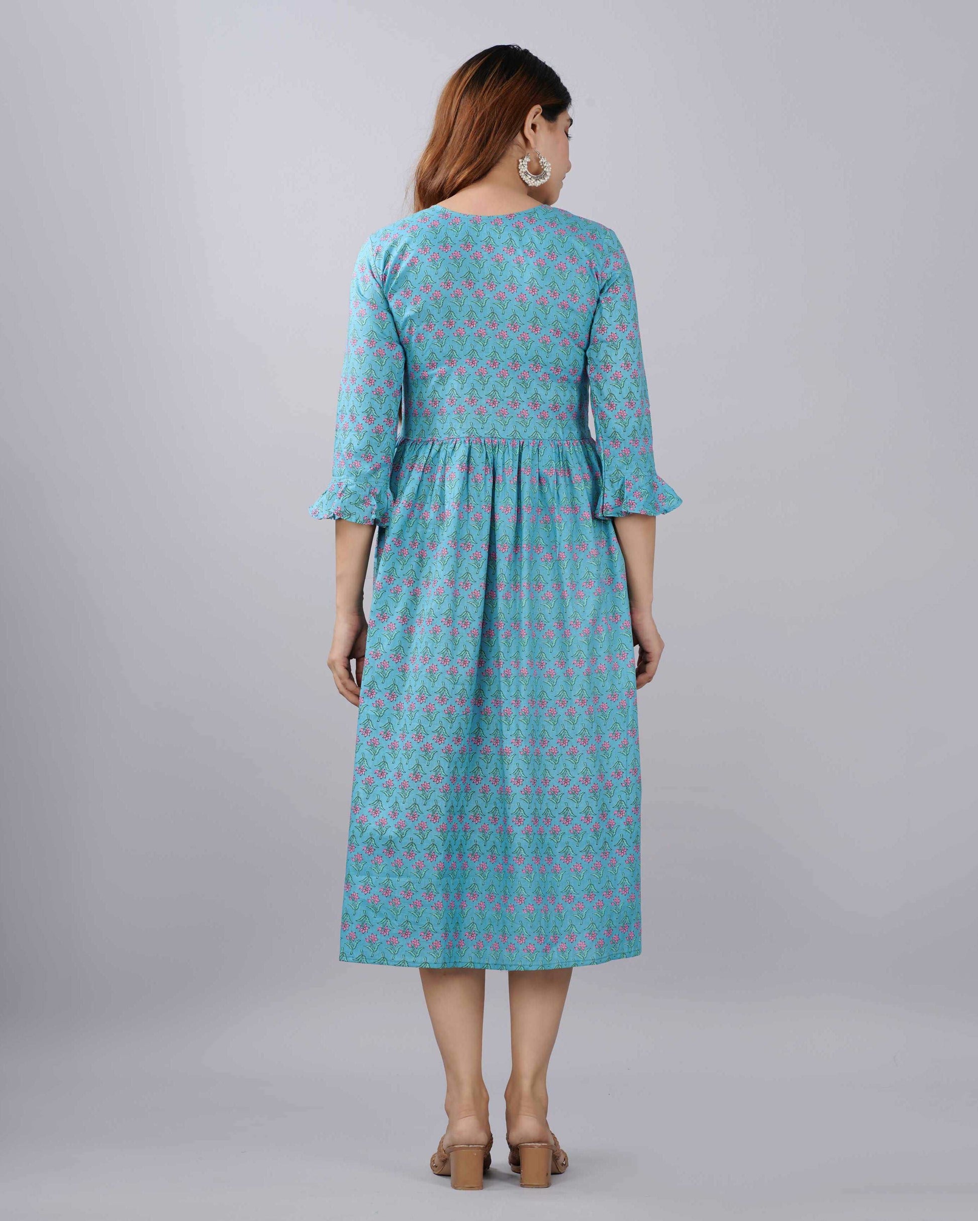 Sky Blue Floral Hand block Printed Cotton Dress